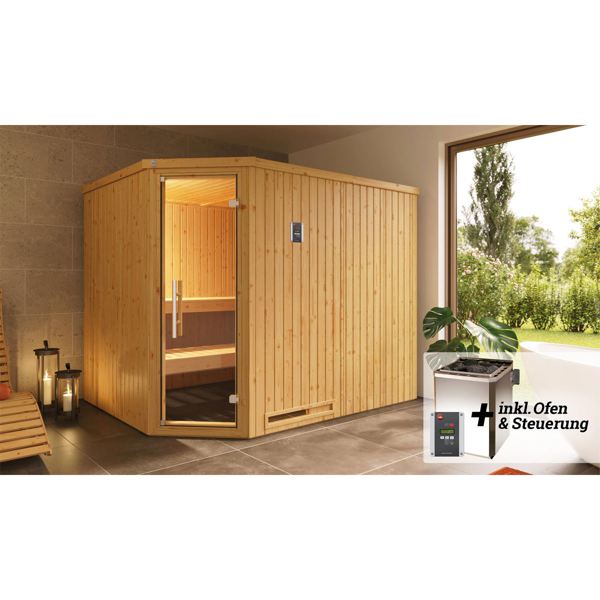 Weka  Elementsauna Varberg Größe 3 Sparset 7,5 kW Bio S Glastuer und Fenster Bild 2