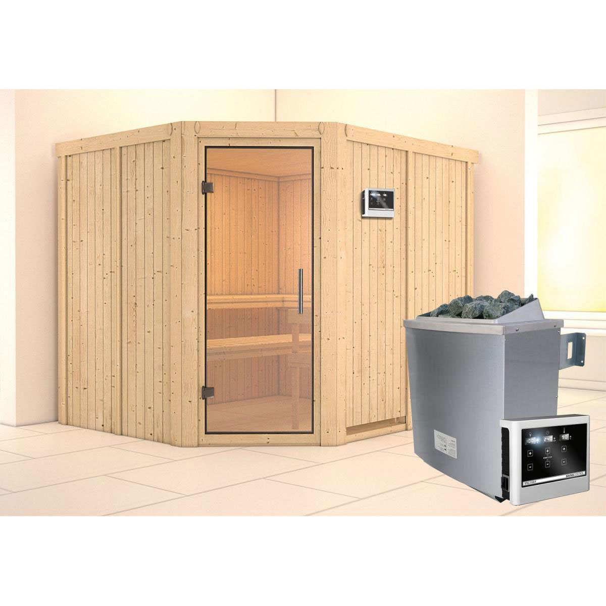 Karibu Sauna Malin Eckeinstieg 9 kW Ofen externe Strg kein Kranz Klarglas-Tür Bild 6