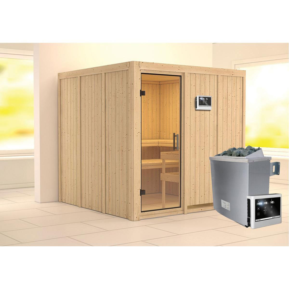 Karibu Sauna Rodin Fronteinstieg 9 kW Ofen externe Strg kein Kranz Klarglas-Tür Bild 6