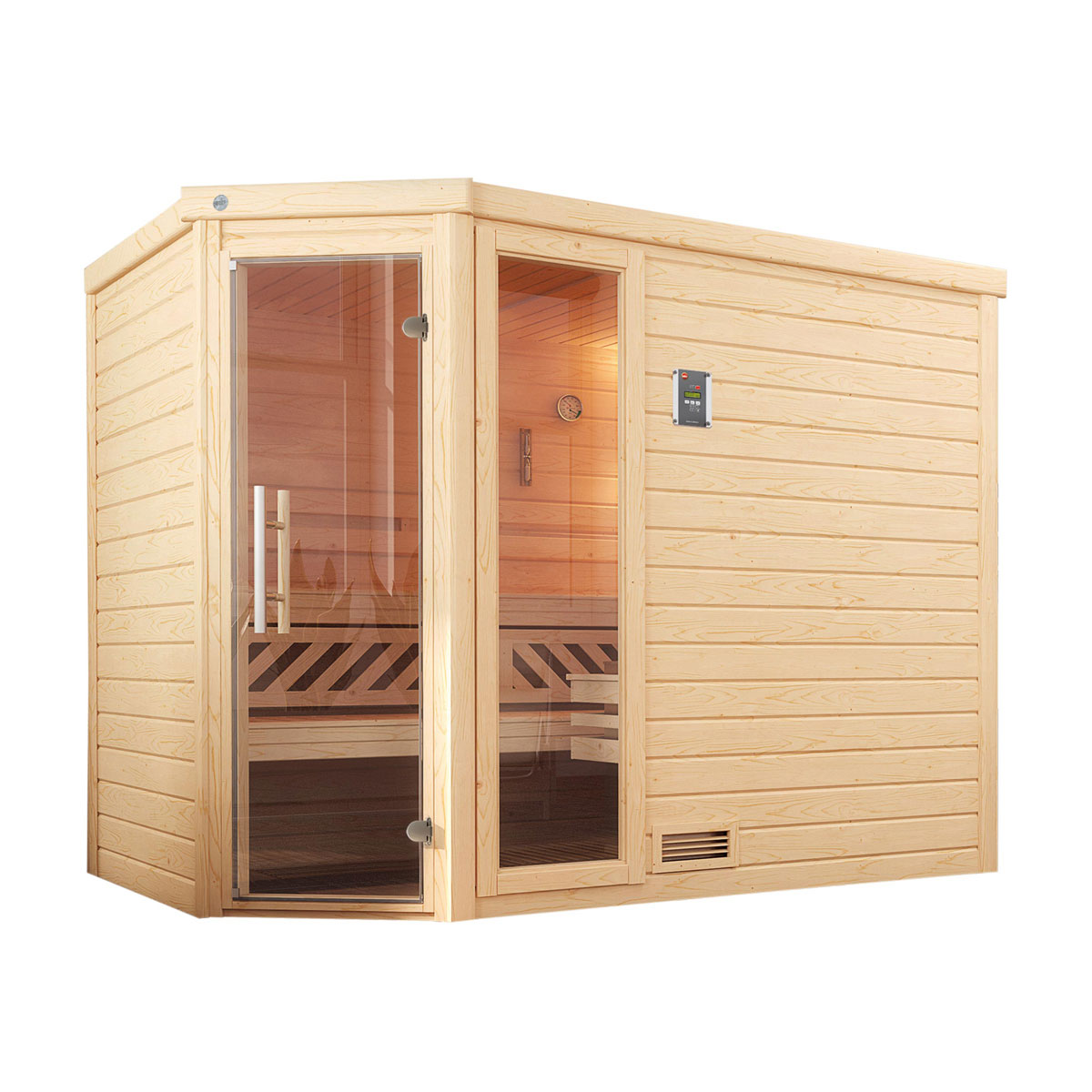 Weka  Premium Massivholz-Sauna Turku Eck Größe 3 Sparset 7,5 kW OS Glastuer