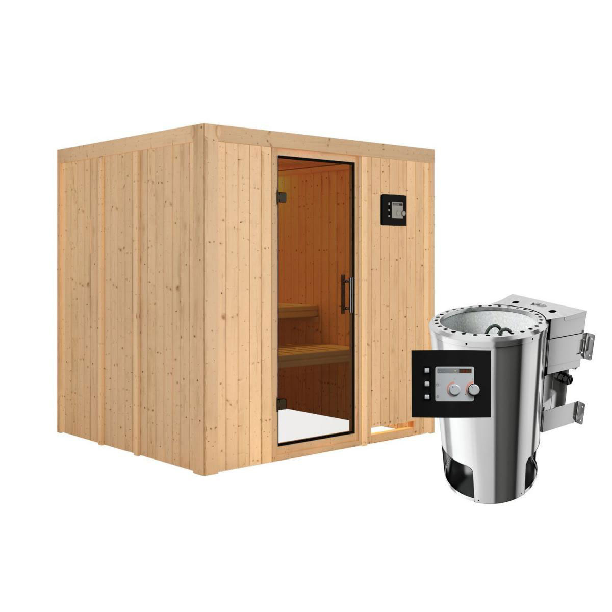 Karibu Sauna Daria Fronteinstieg 3,6 kW Bio Ofen externe Strg modern kein Kranz Energiespartür Bild 1