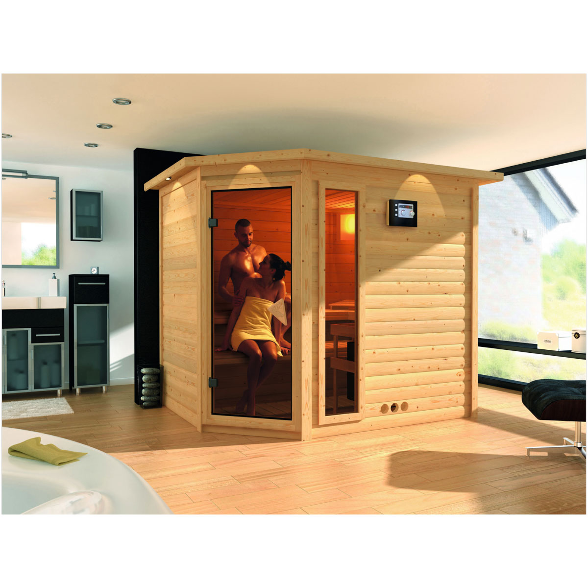 Karibu Massivholzsauna Tanami 40 mm 9 kW Ofen Bio externe Strg mit Kranz