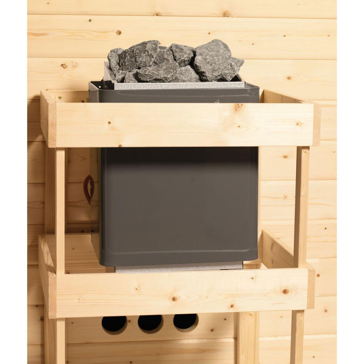 Karibu Sauna Leona Eckeinstieg 9 kW Ofen integr Strg kein Kranz bronzierte Glastür Bild 2
