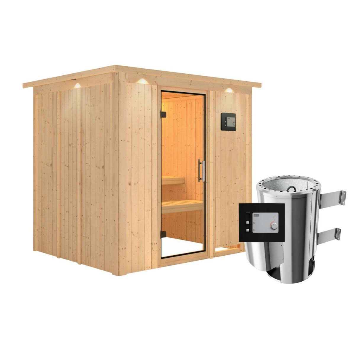 Karibu Sauna Daria Fronteinstieg 3,6 kW Ofen externe Strg modern mit Kranz Klarglas-Tür Bild 1