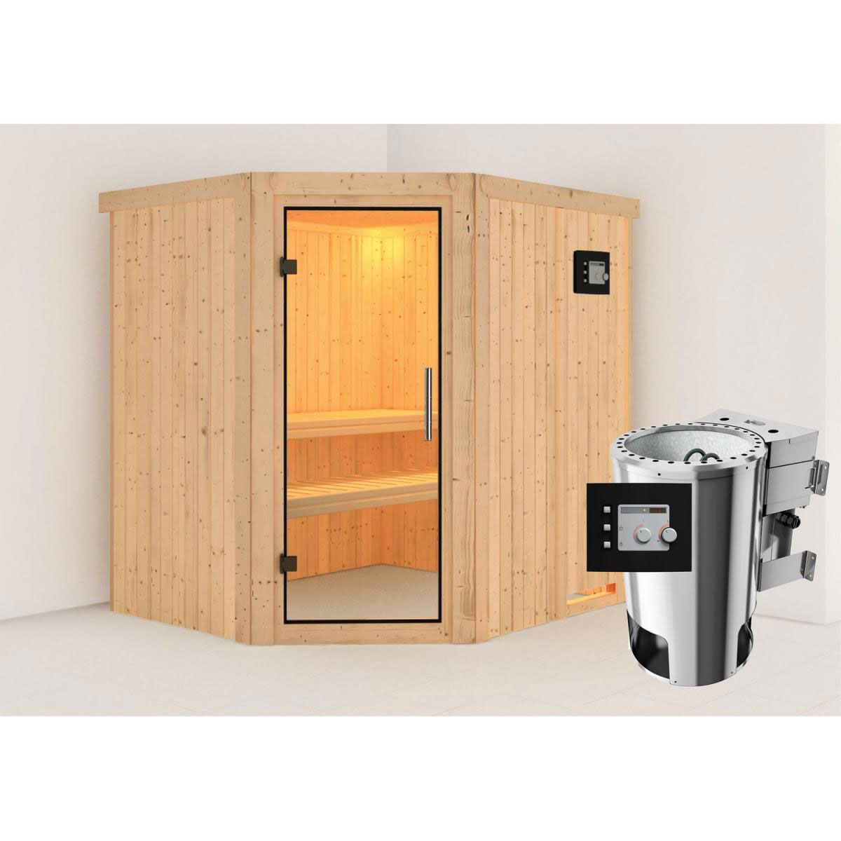 Karibu Sauna Lilja Eckeinstieg 3,6 kW Bio Ofen kein Kranz Klarglas-Tür Bild 6