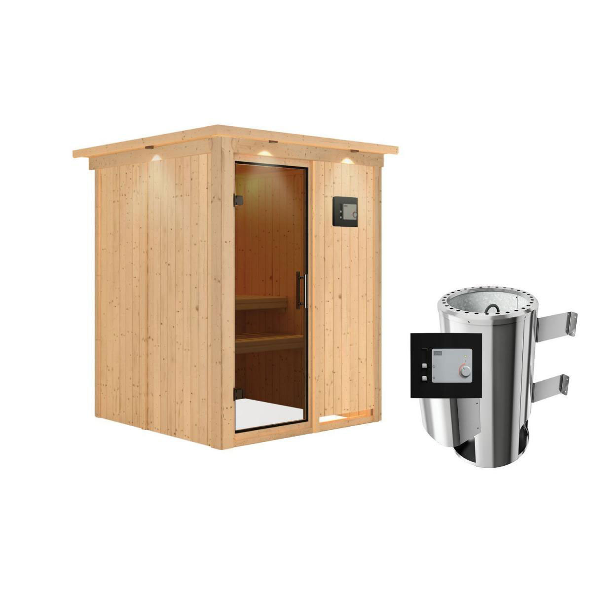Karibu Sauna Minja Fronteinstieg 3,6 kW Ofen externe Strg modern mit Kranz graphitfarbene Glastür Bild 1