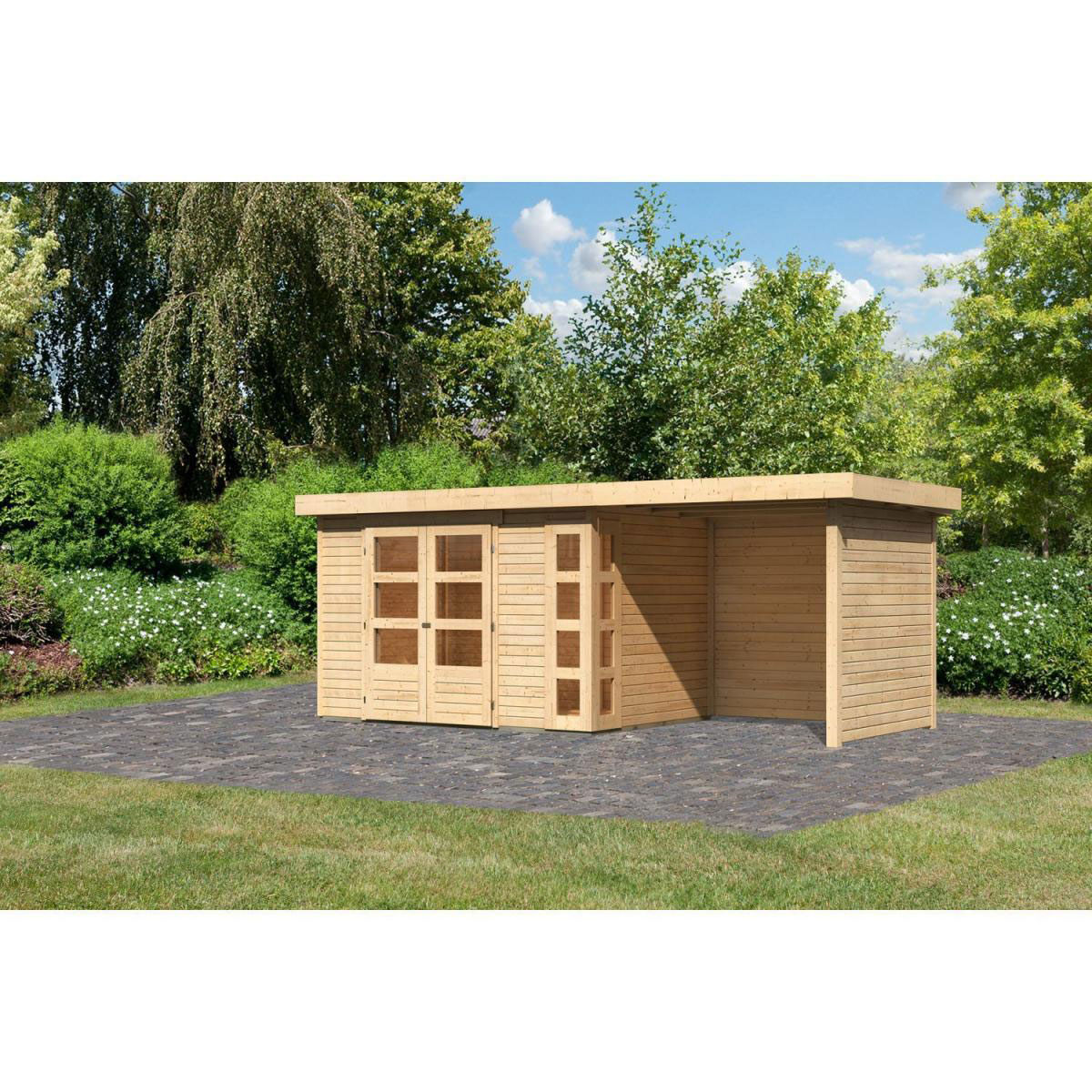 Karibu Gartenhaus-Set Kerko 4 mit Anbaudach 2,4 m mit Seiten- und Rückwand naturbelassen Bild 1
