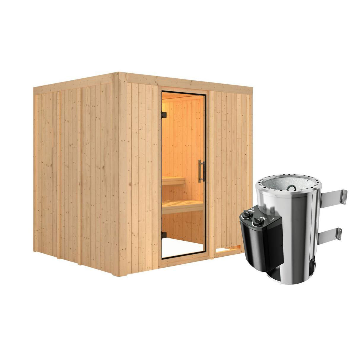 Karibu Sauna Daria Fronteinstieg 3,6 kW Ofen integr Strg kein Kranz Klarglas-Tür