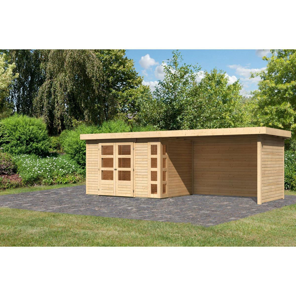 Karibu Gartenhaus-Set Kerko 4 mit Anbaudach 2,8 m mit Seiten- und Rückwand naturbelassen Bild 1