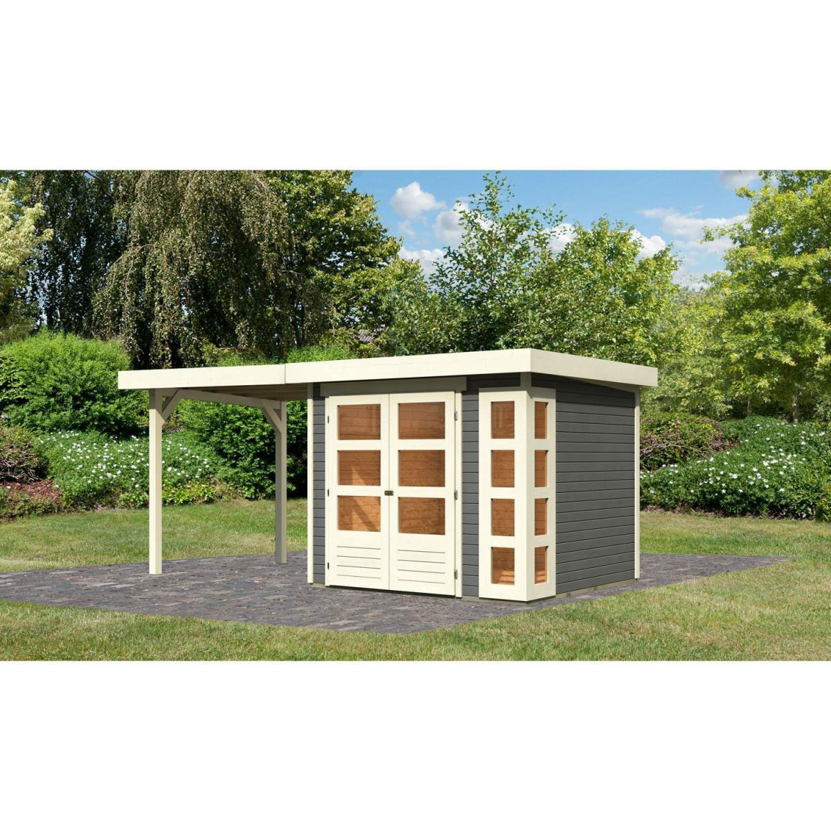 Karibu Gartenhaus-Set Kerko 3 mit Anbaudach 2,4 m terragrau Bild 1
