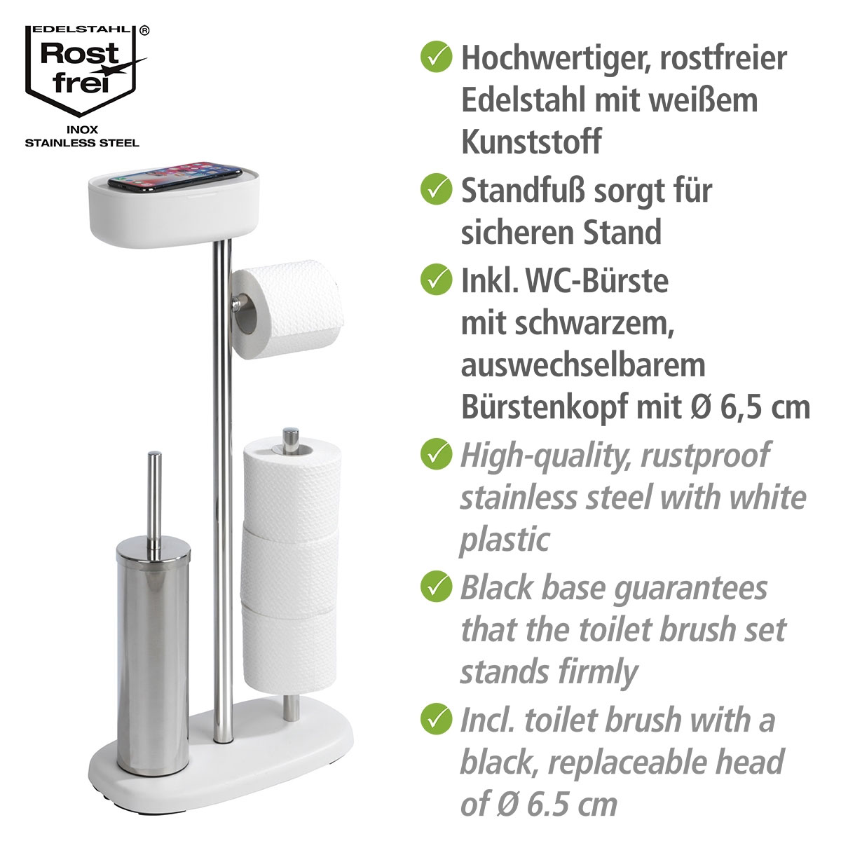 Wenko  Stand WC-Garnitur mit Box Rivazza Weiß integrierter Toilettenpapierhalter Ersatzrollenhalter und WC-Bürstenhalter mit Ablagebox Bild 3