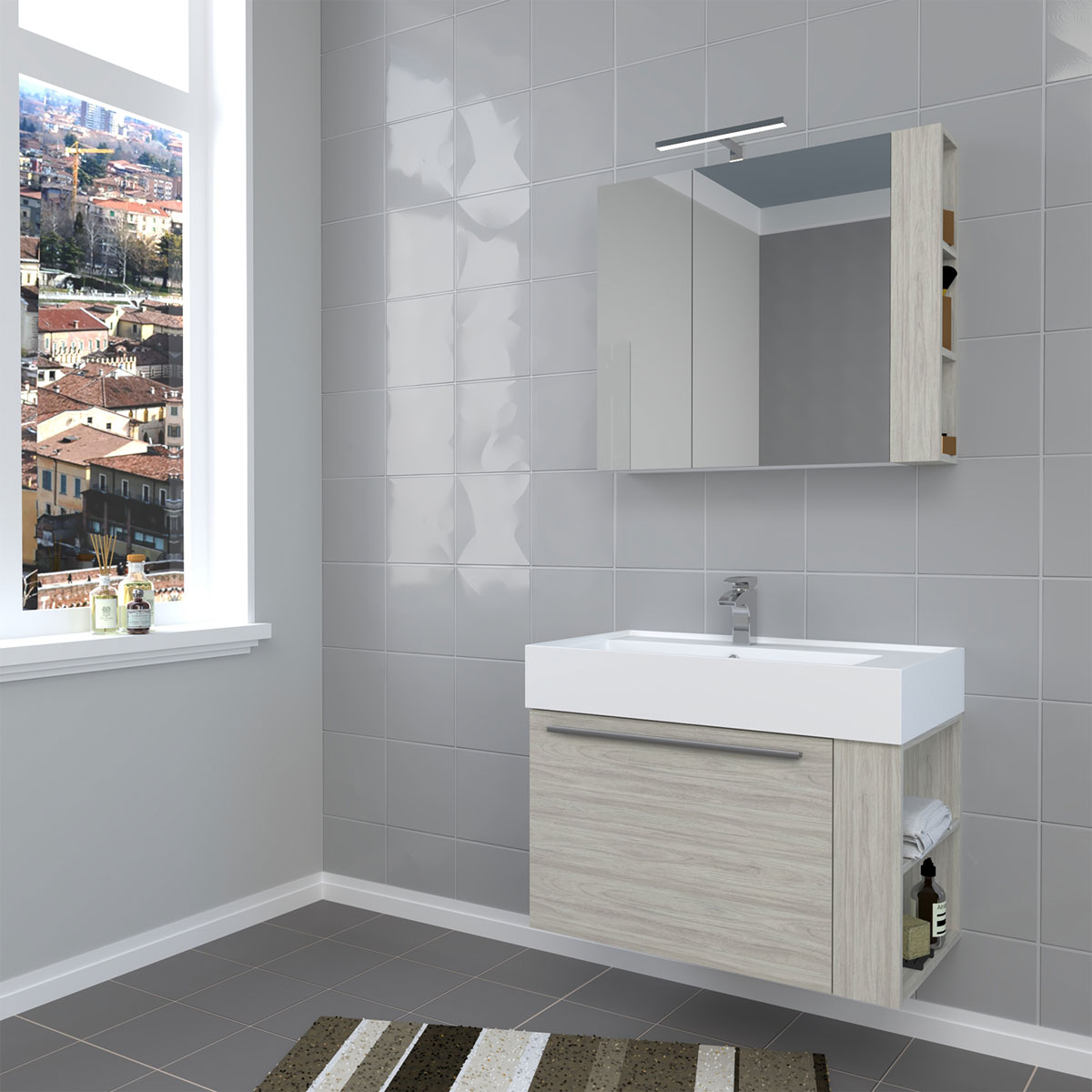 Progetto Idea Stella Badmöbel DOMUS 80 Ulme creme mit Spiegelschrank und Lampe Bild 2