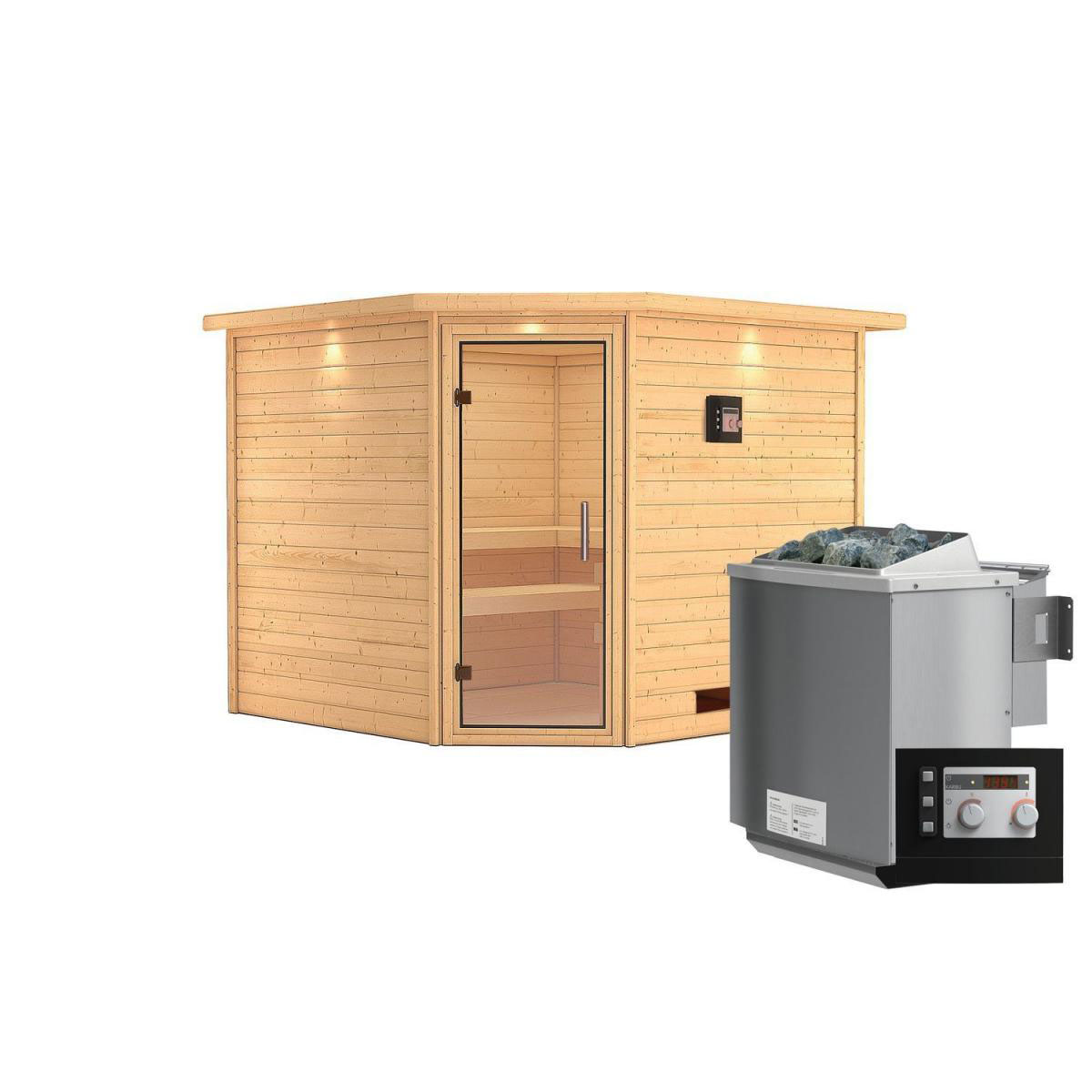 Karibu Sauna Leona Eckeinstieg 9 kW Bio Ofen externe Strg modern mit Kranz Klarglas-Tür Bild 1