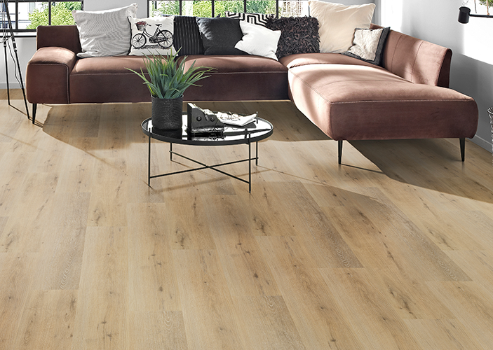 Braune Couch auf hellbraunem Laminat