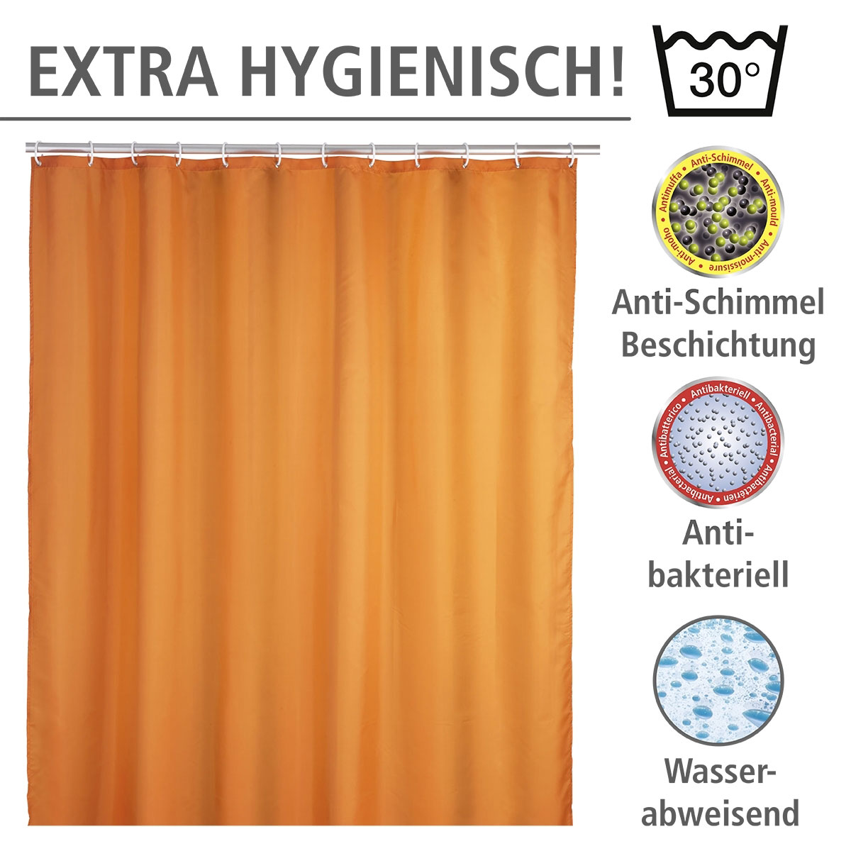 Wenko  Anti-Schimmel Duschvorhang Uni Orange Textil Polyester 180 x 200 cm waschbar Bild 3