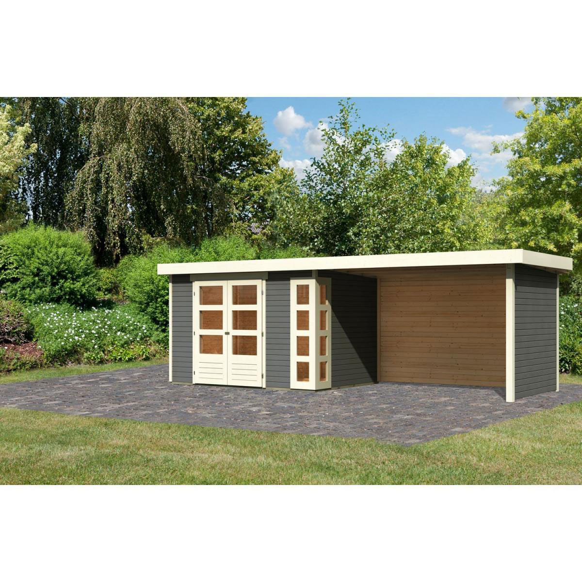 Karibu Gartenhaus-Set Kerko 4 mit Anbaudach 2,8 m mit Seiten- und Rückwand terragrau Bild 1