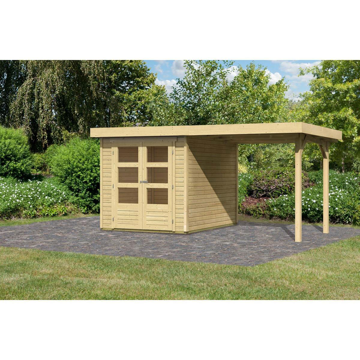 Karibu Gartenhaus Askola mit Anbaudach 225 cm naturbelassen 213 x 217 x 218 cm