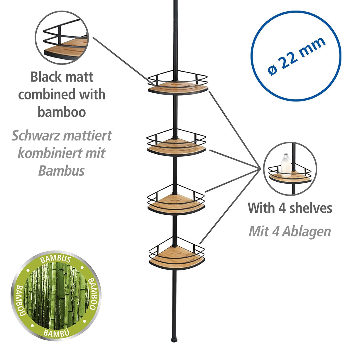 Wenko  Teleskop-Eckregal Dolcedo aus Bambus und Edelstahl rostfrei Duschregal Bild 2