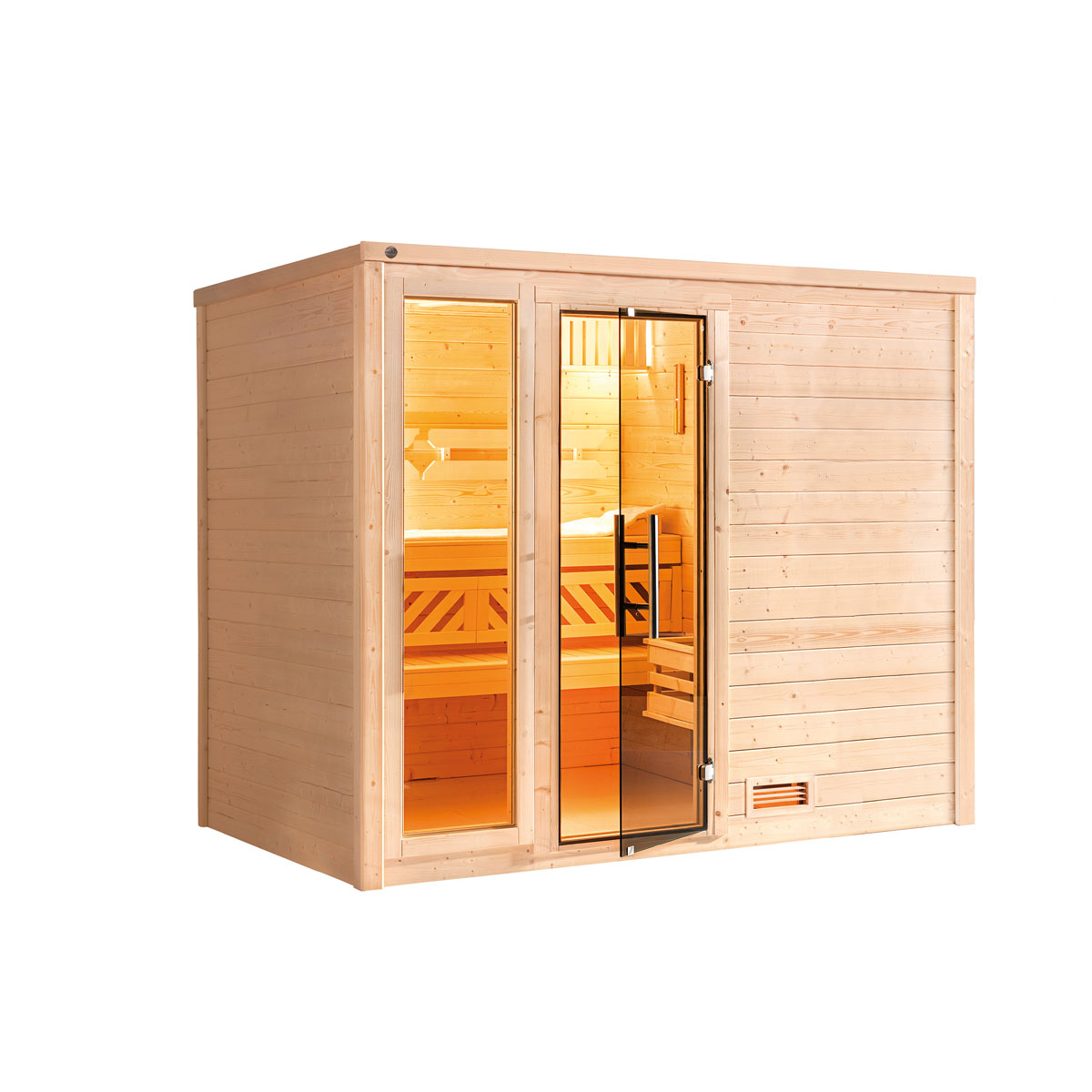 Weka  Premium Massivholz-Sauna Bergen Größe 3 Sparset 7,5 kW Bio S Glastuer