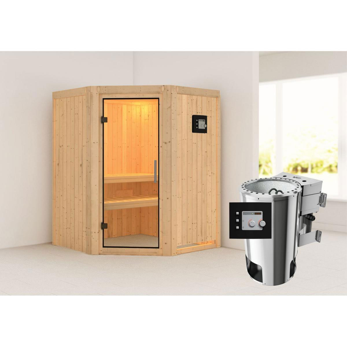 Karibu Sauna Nanja Eckeinstieg 3,6 kW Bio Ofen kein Kranz Klarglas-Tür Bild 6