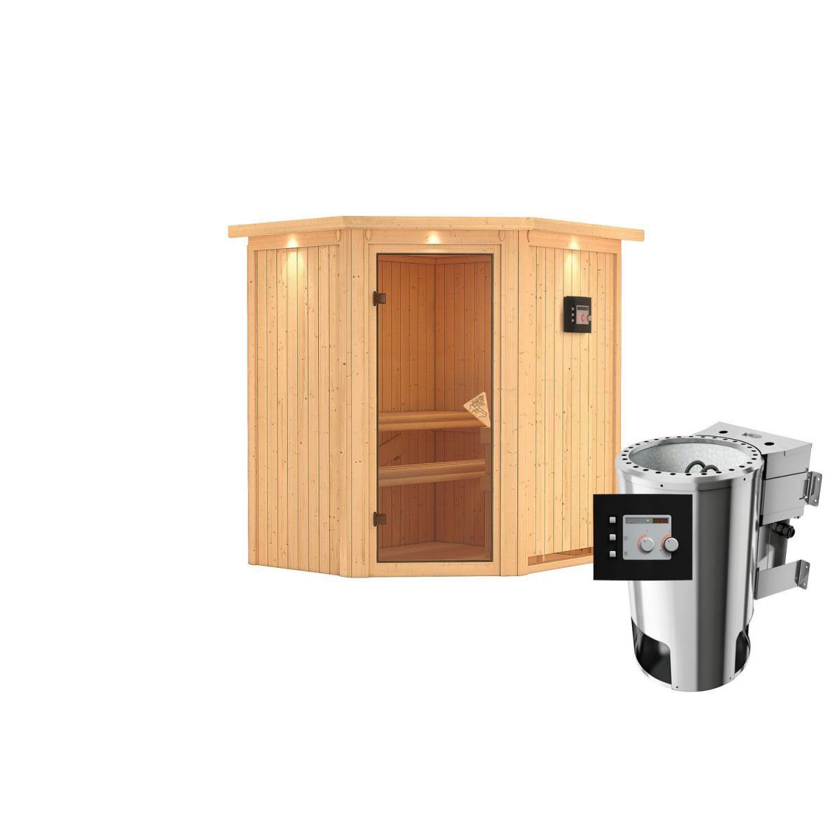 Karibu Sauna Tonja Eckeinstieg 3,6 kW Bio Ofen externe Strg modern mit Kranz graphitfarbene Glastür Bild 1