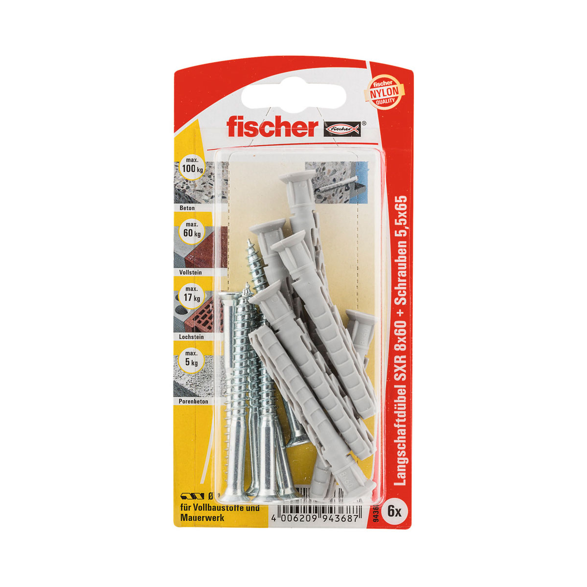 Fischer  Langschaftdübel SX R 8 x 60 mm mit Senkkopfschraube 6 Stück