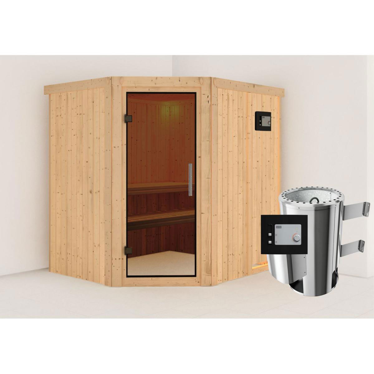 Karibu Sauna Lilja Eckeinstieg 3,6 kW Ofen externe Strg modern kein Kranz Energiespartür Bild 6