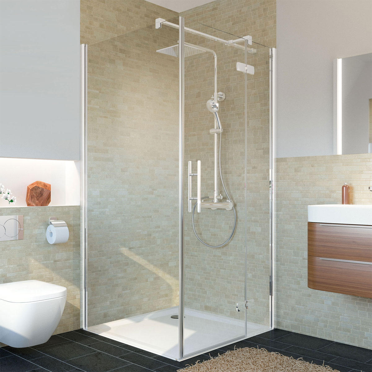 Breuer QUICK72 Drehtür mit Festteil Avanta für Seitenwand Anschlag rechts Alu chromeffekt Klarglas 900 mm