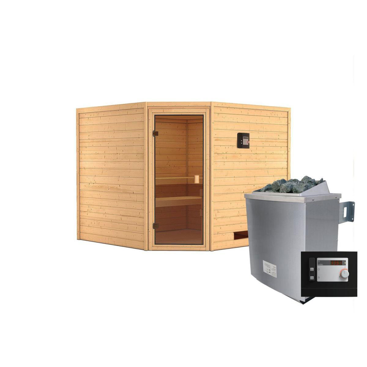 Karibu Sauna Leona Eckeinstieg 9 kW Ofen externe Strg modern kein Kranz bronzierte Glastür Bild 1