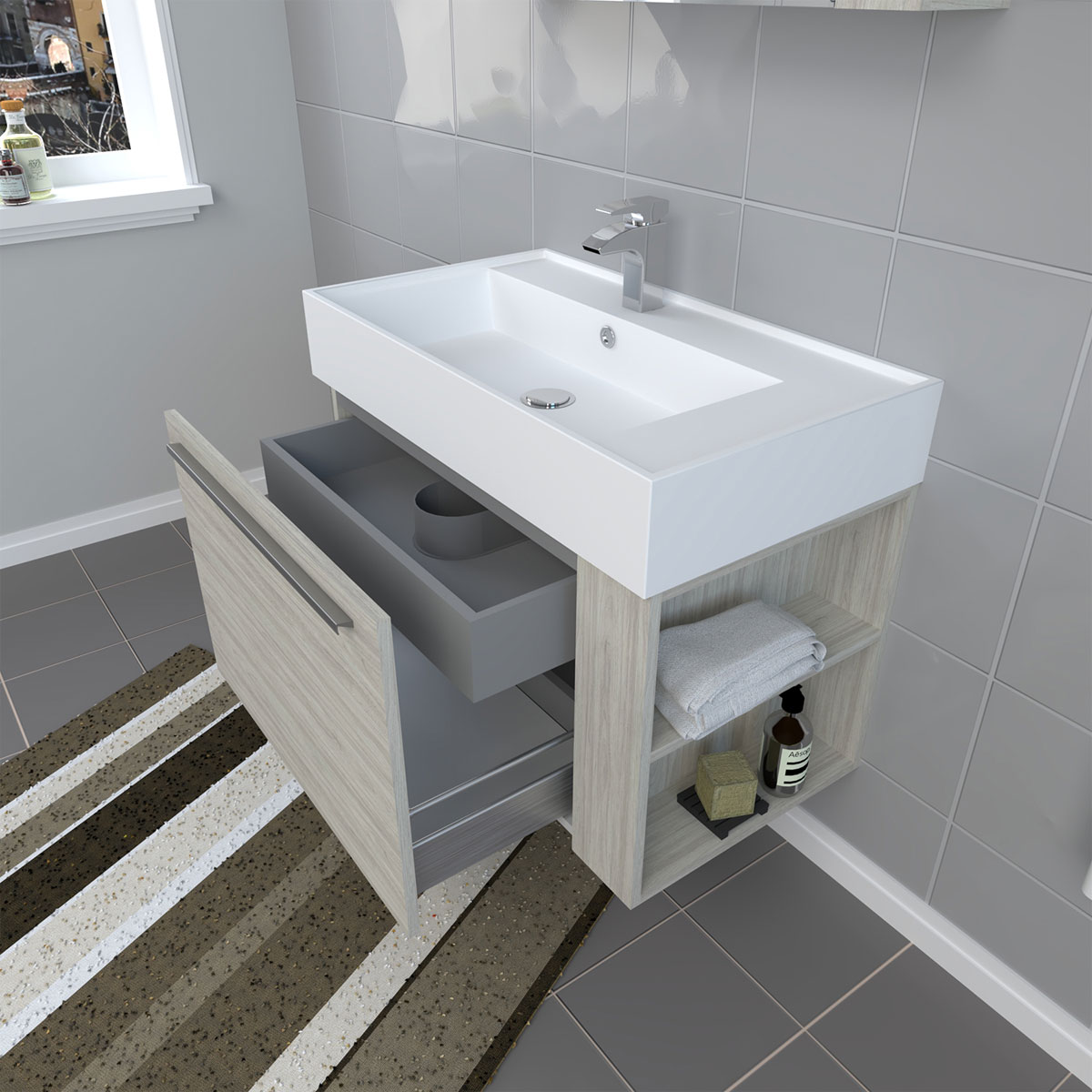 Progetto Idea Stella Badmöbel DOMUS 80 Ulme creme mit Spiegelschrank und Lampe Bild 5