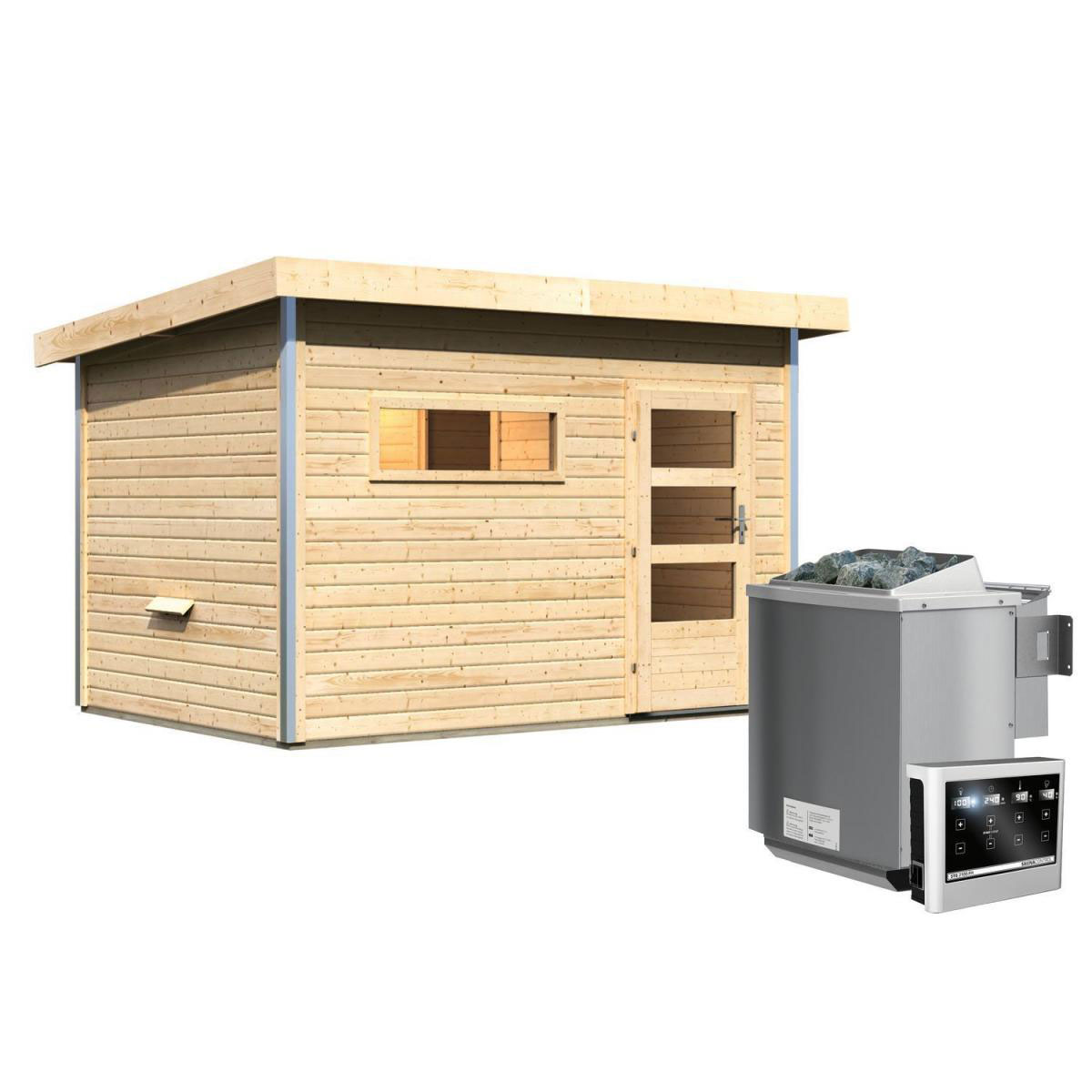 Karibu Saunahaus Skrollan 2 38 mm 9 kW Bio Ofen externe Strg Milchglastür