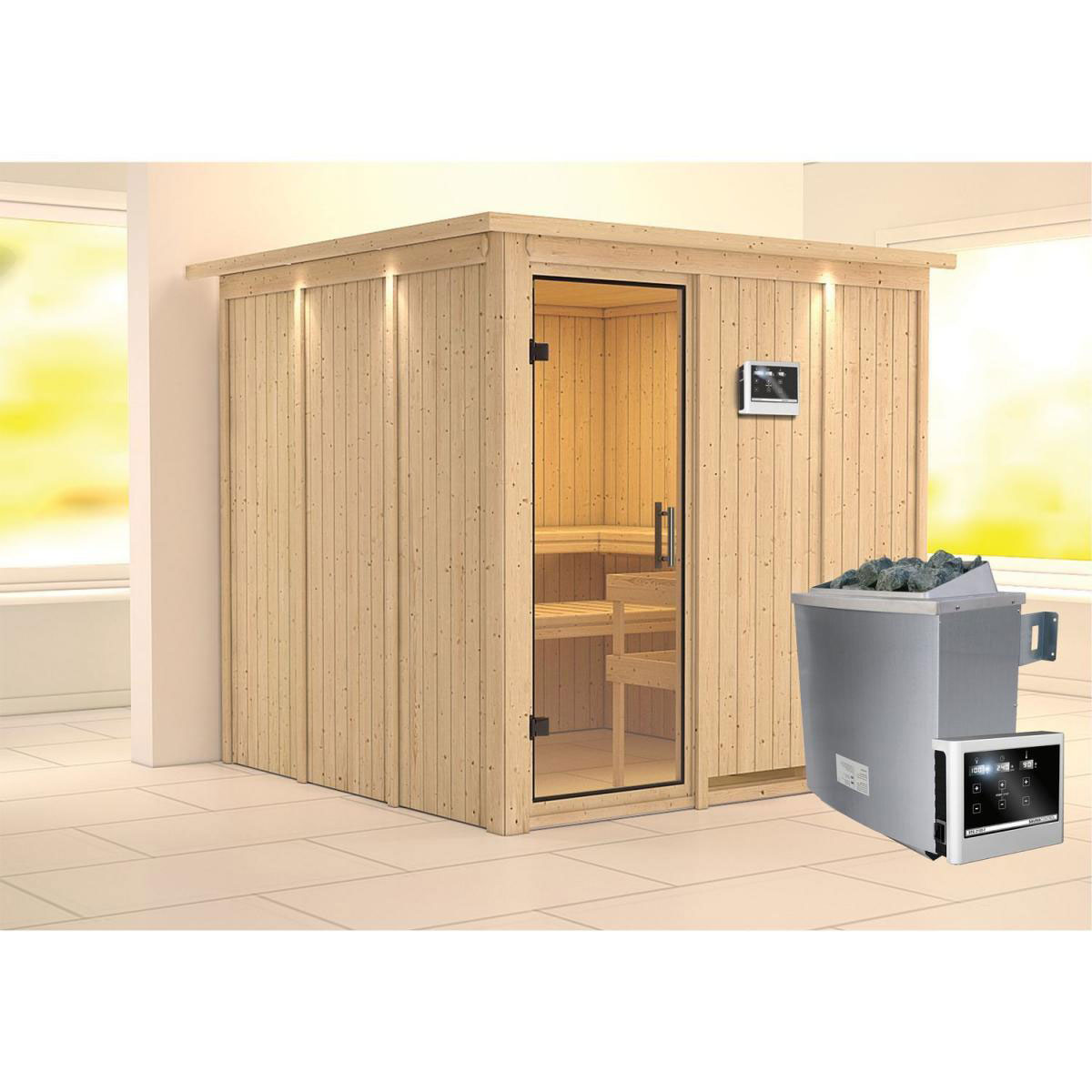 Karibu Sauna Rodin Fronteinstieg 9 kW Ofen externe Strg mit Kranz Klarglas-Tür Bild 7