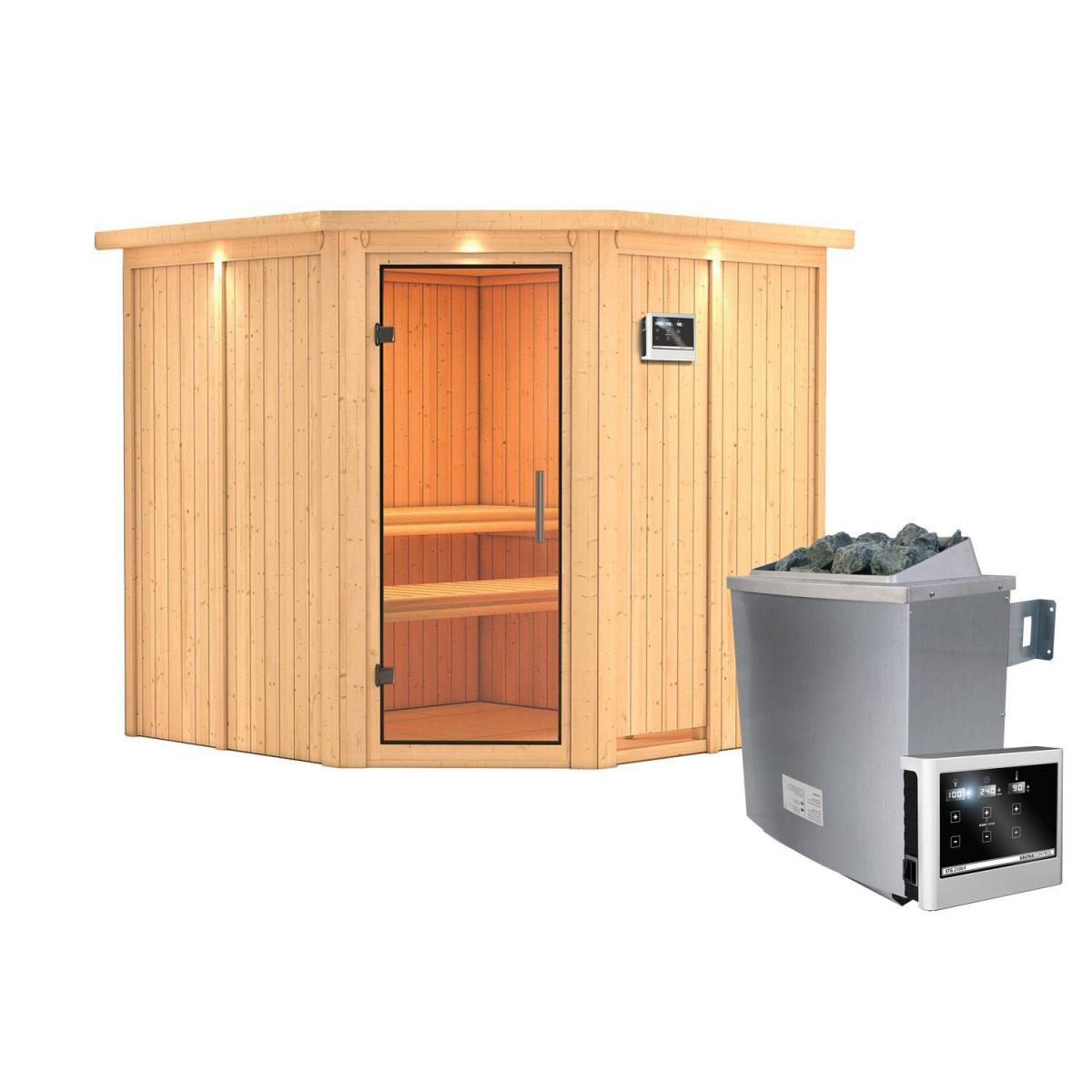 Karibu Sauna Jarin Eckeinstieg 9 kW Ofen externe Strg mit Kranz Klarglas-Tür