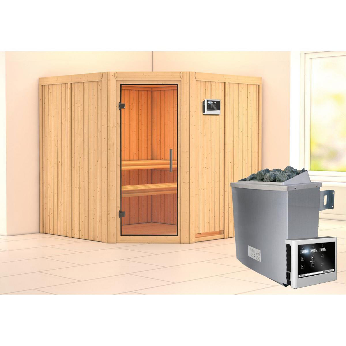 Karibu Sauna Jarin Eckeinstieg 9 kW Ofen externe Strg kein Kranz Klarglas-Tür Bild 6