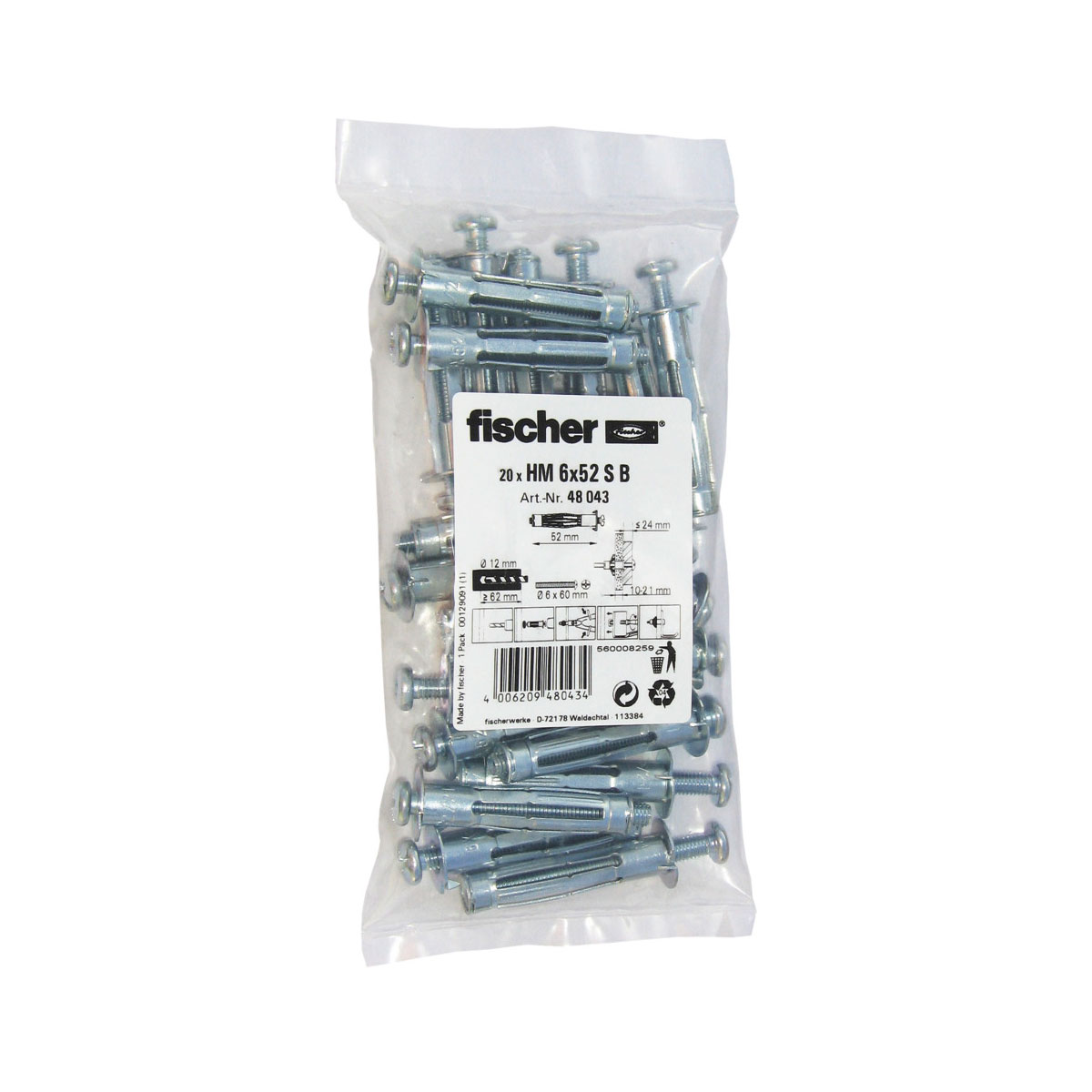 Fischer Hohlraum-Metalldübel HM 6 x 52 mm mit Schraube 20 Stück