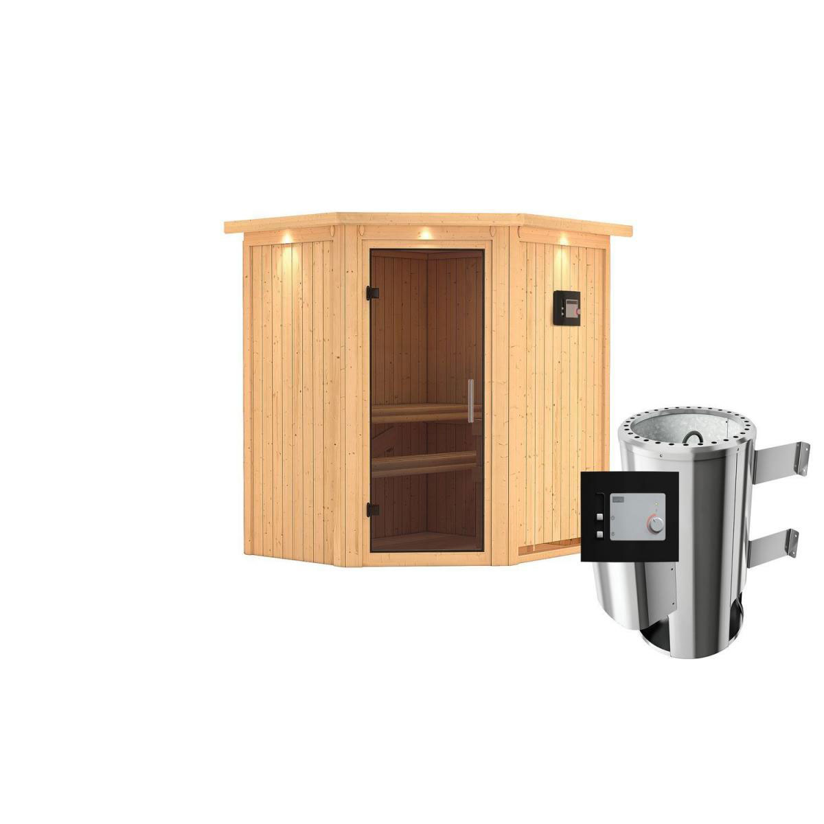 Karibu Sauna Tonja Eckeinstieg 3,6 kW Ofen externe Strg modern mit Kranz graphitfarbene Glastür
