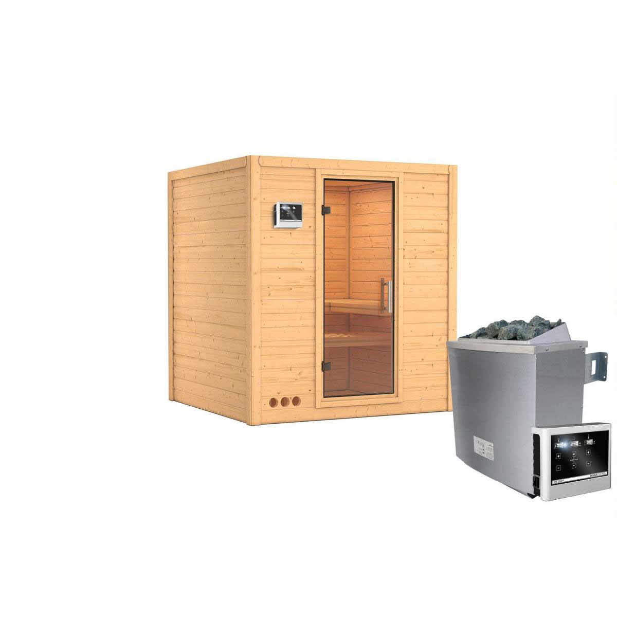 Karibu Sauna Mojave Fronteinstieg 9 kW Ofen externe Strg kein Kranz Klarglas-Tür
