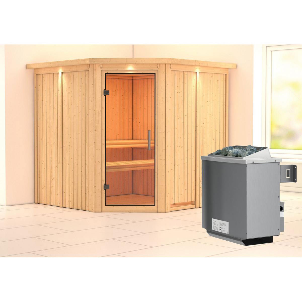 Karibu Sauna Jarin Eckeinstieg 9 kW Ofen integr Strg mit Kranz Klarglas-Tür Bild 6