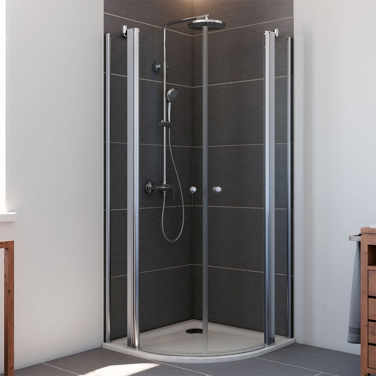 Breuer Runddusche 4-teilig Drehtür mit Festteilen, Radius 550, Alu silber matt, Klarglas, 1000 x 1000 mm