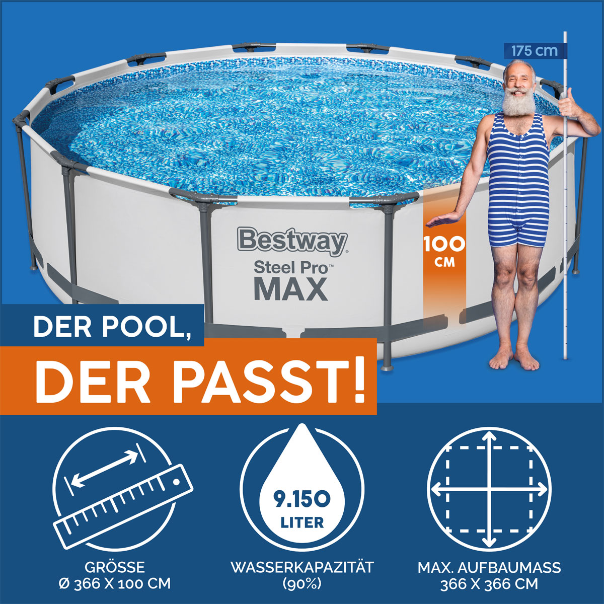 Bestway Steel Pro Max Frame-Pool-Set mit Filterpumpe Durchmesser 366 x 100 cm grau Bild 7