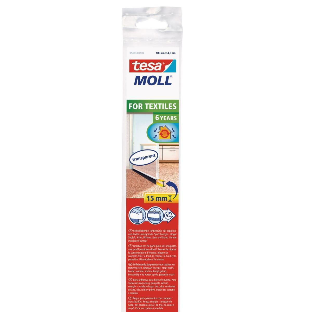 Tesa Türdichtschiene transparent für Textilböden für Spalten bis 15 mm 1mx43mm