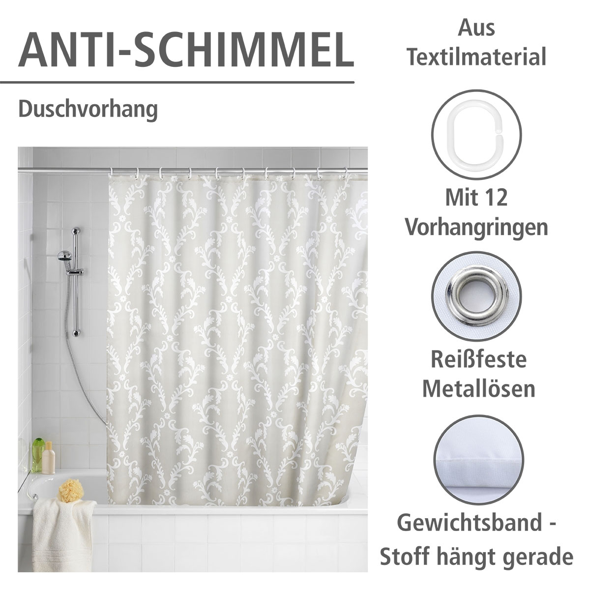 Wenko  Anti-Schimmel Duschvorhang Baroque Textil Polyester 180 x 200 cm waschbar Bild 2