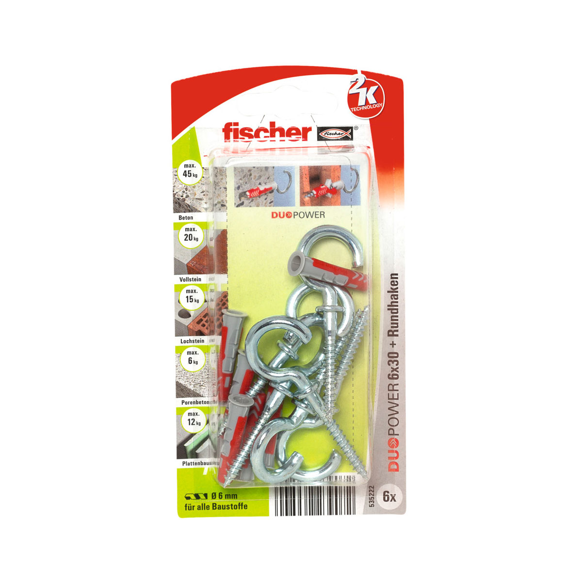 Fischer  Dübel DuoPower 6 x 30 mm mit Rundhaken silber 6 Stück Bild 1