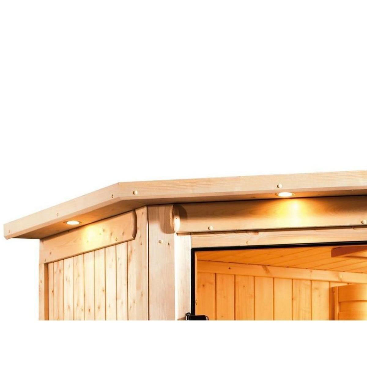 Karibu Sauna Nanja Eckeinstieg 3,6 kW Ofen externe Strg mit Kranz Energiespartür Bild 3