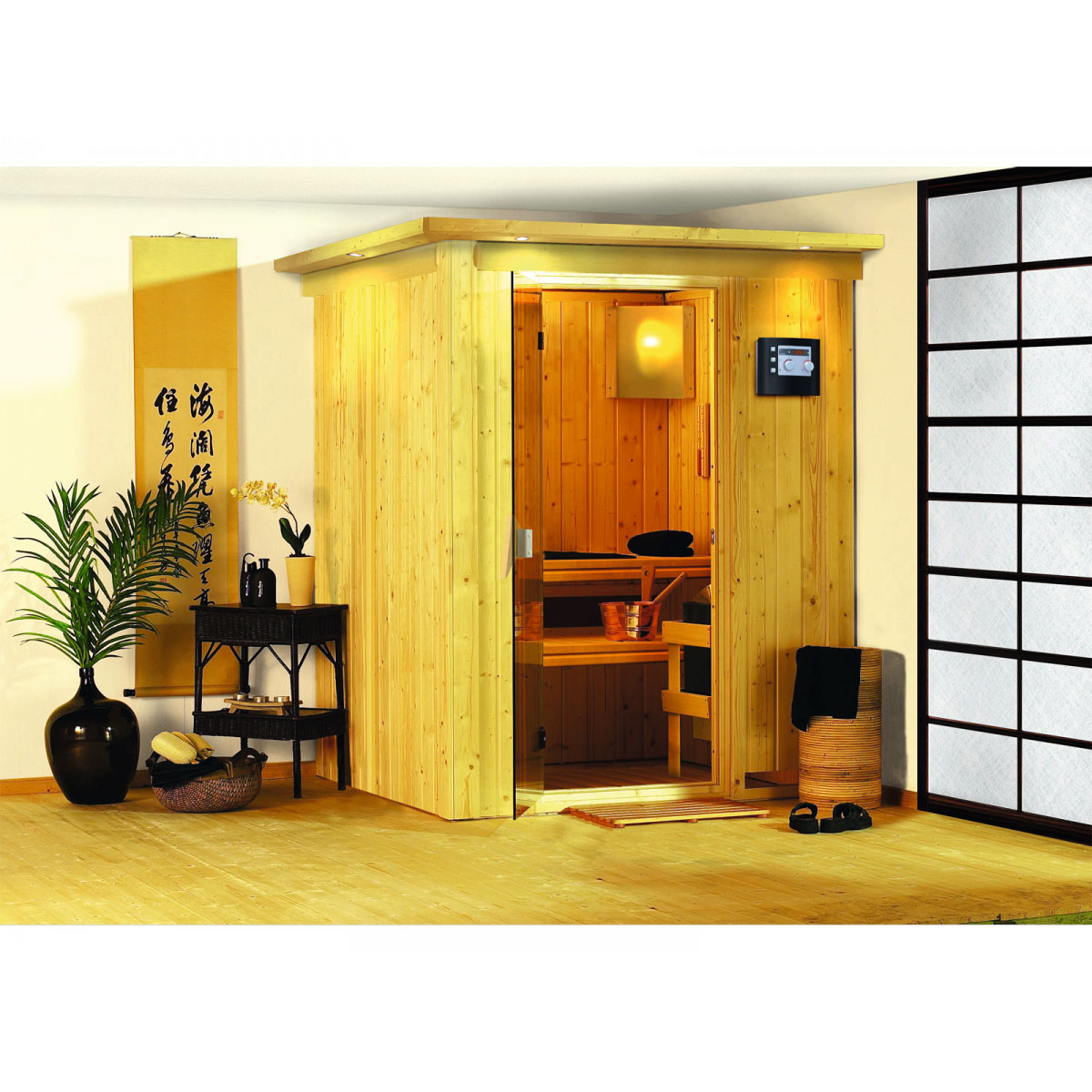 Karibu Systemsauna Minja 68 mm 3,6 kW Ofen externe Strg modern mit Kranz