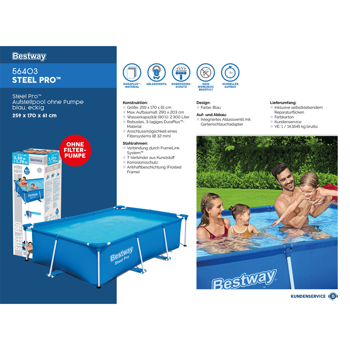 Bestway Stahlrohrbecken Steel Pro 259 x 170 x 61 cm Bild 11