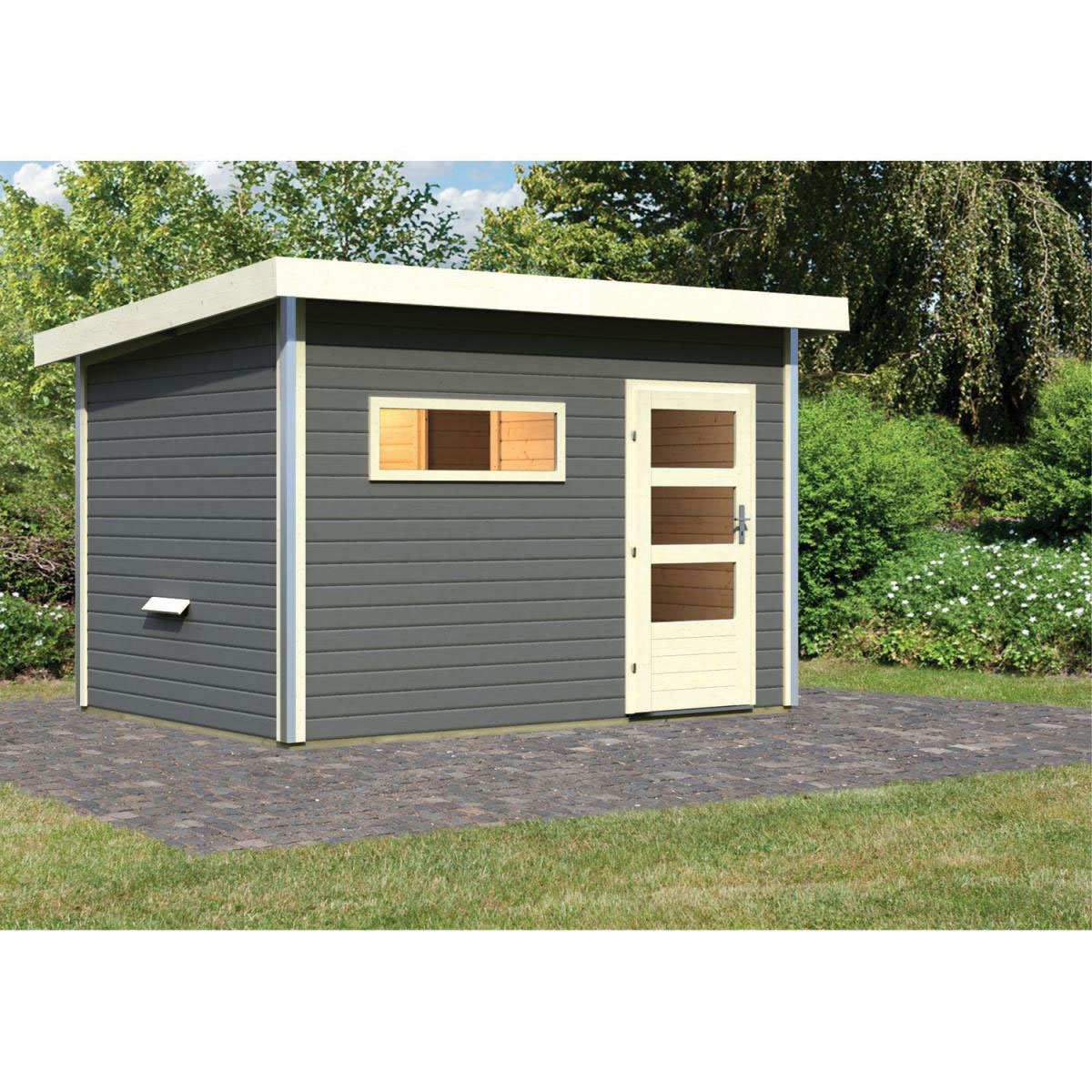 Karibu Saunahaus Skrollan 38 mm ohne Ofen moderne Tür terragrau Bild 4