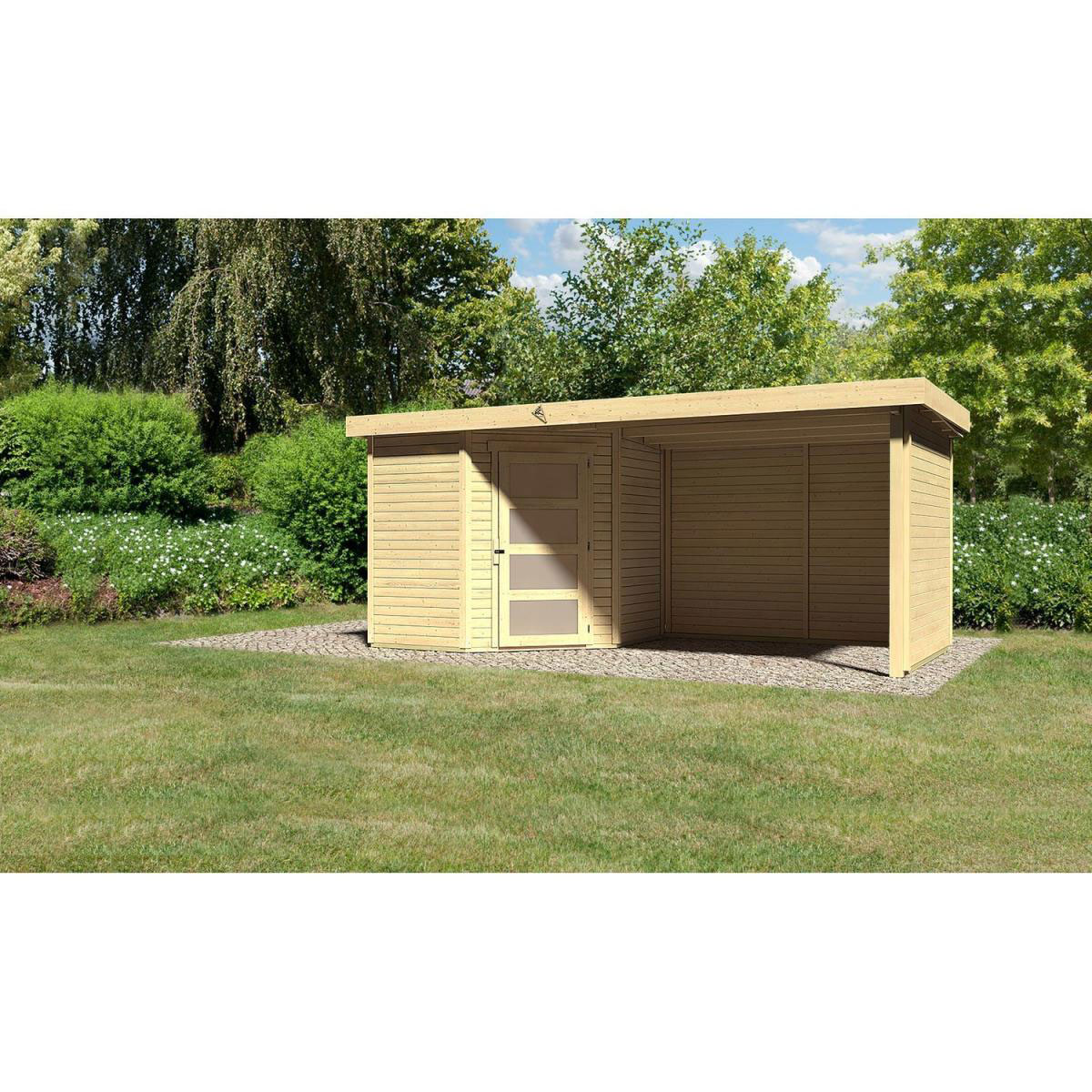 Karibu Gartenhaus Schwandorf 3/5 mit Anbaudach 260 cm und Seiten-/Rückwand 213 x 217 x 218 cm braun