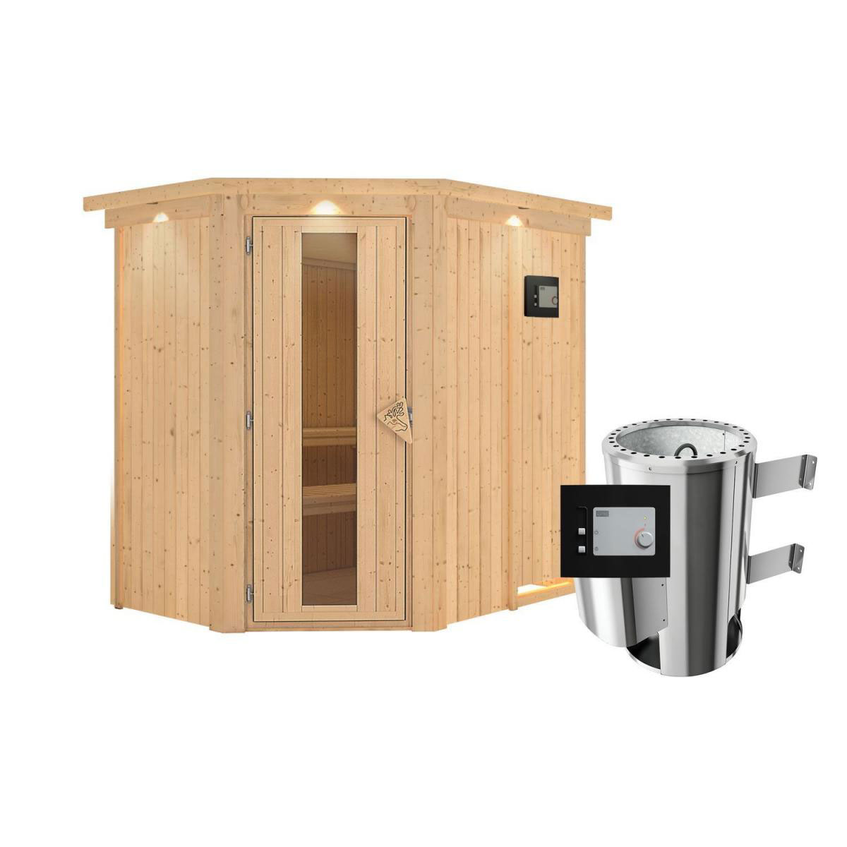 Karibu Sauna Saja Eckeinstieg 3,6 kW Ofen externe Strg mit Kranz Energiespartür Bild 1