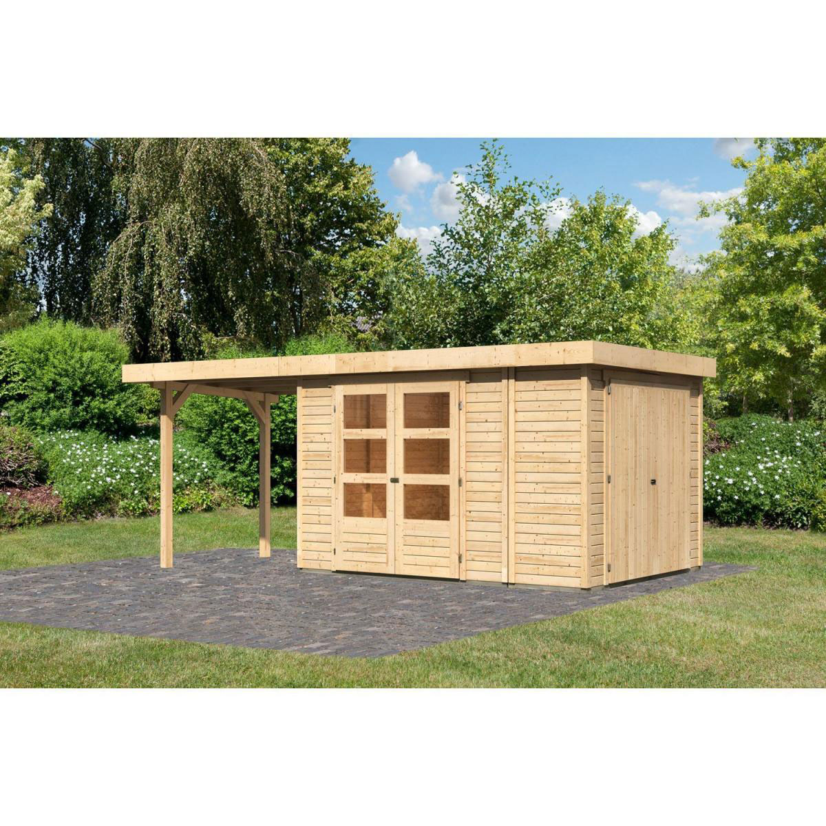 Karibu Gartenhaus Retola 4 inkl Anbauschrank und Anbaudach 2,40 Meter naturbelassen Bild 1